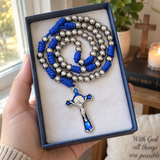 t. Benedict Blue Enamel Rosary with Crucifix – Silver-Tone Beads & Braided Cord