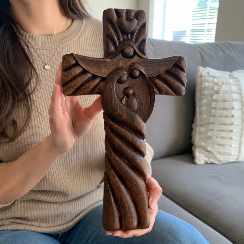 Holy Family hand carved wooden cross