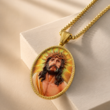 3D Embossed Enamel Crown of Thorns Jesus Oval Stainless Steel Necklace