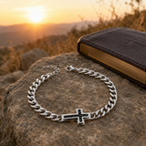 Men’s Carbon Fiber Inlay Cross Curb Chain Bracelet, 316L Stainless Steel Adjustable Religious Faith Bracelet, Silver & Gold Tone Christian Gift for Him