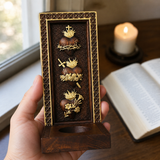 Holy Family Three Sacred Hearts Candlestick Wooden Carved Tabletop Arrangement