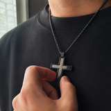 Industrial Brushed Cracked Copper Inlay Stainless Steel Cross Necklace