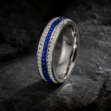 Three Row Blue & White Cubic Zirconia Eternity Ring, 6mm Titanium Steel Full Paved Stackable Band, Elegant Wedding Promise Ring for Women