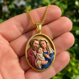 3D Raised Enamel Holy Family Oval Gold Stainless Steel Necklace
