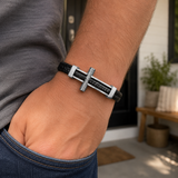Wheat‑Textured Cross Titanium Steel Braided Leather Men’s Bracelet
