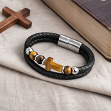 English Product Description for 21cm Stone Cross Leather Bracelet
