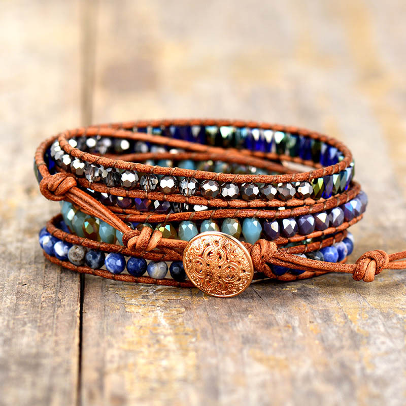 Handmade Natural Lapis Lazuli Cowhide Rope Braided Creative Multi-Layer Wrap Bracelet