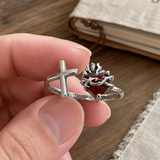 Sacred Heart of Jesus Thorn Flame Cross Adjustable Open Ring - product view