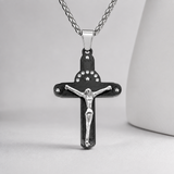 Crucifix Cross Necklace with Crystals, 316L Stainless Steel Religious Pendant for Men