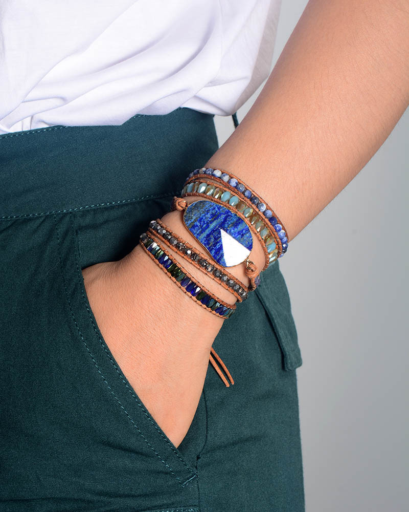 Handmade Natural Lapis Lazuli Cowhide Rope Braided Creative Multi-Layer Wrap Bracelet