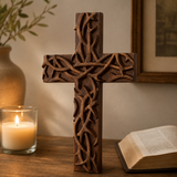 Hand-Carved Beechwood Crown of Thorns Wall Cross - craftsmanship detail