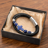 English Product Description for 21cm Stone Cross Leather Bracelet