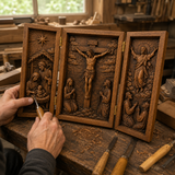 The Life of Christ Hand-Carved Beechwood Triptych – From Nativity to Resurrection Glory - craftsmanship detail