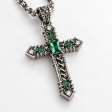 Vintage Green Stone Cross Pendant Necklace for Men