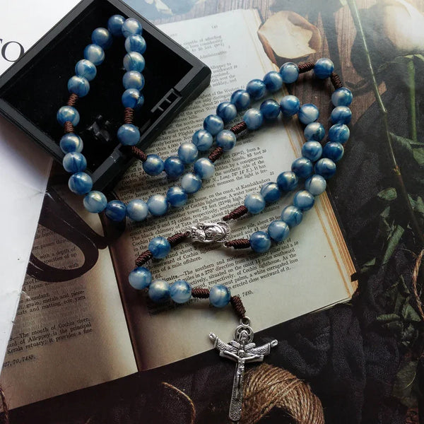 Hand Woven Holy Trinity Crucifix Mary Holy Medal Blue Rosary - BGCOPPER