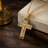 Multicolor Zircon Jesus Crucifix Gold‑Tone Stainless Steel Necklace