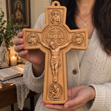 Hand-Carved Beechwood Saint Benedict Protection Crucifix – Christian Wall Cross