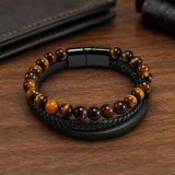 Triple Strand Natural Tiger Eye & Lava Rock Braided Leather Men’s Bracelet