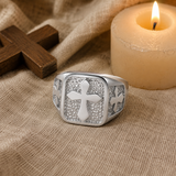 Triple Sides Embossed Cross Hammered Texture Stainless Steel Men’s Signet Ring