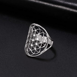 Cutout Flower of Life Mandala Ring for Women Sacred Geometry Ring Statement Stainless Steel Hollowed Out Adjustable Band Ring Jewelry