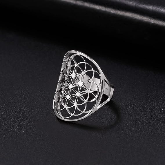 Cutout Flower of Life Mandala Ring for Women Sacred Geometry Ring Statement Stainless Steel Hollowed Out Adjustable Band Ring Jewelry