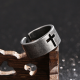 Vintage Antiqued Open-Band Cross Cutout Stainless Steel Ring