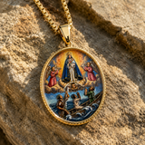 3D Raised Color Enamel Our Lady of Charity Oval Gold Stainless Steel Necklace