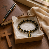 Black & Gold Cross Beaded Stretch Bracelet – A Daily Reminder of Faith, Hope & Devotion - design detail