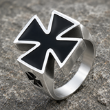 3D Raised Black Enamel Maltese Cross Stainless Steel Mens Ring