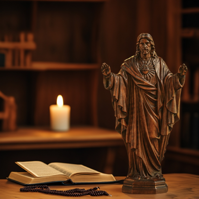 Hand Carved Sacred Heart of Jesus Virgin Mary Wooden Tabletop Ornament