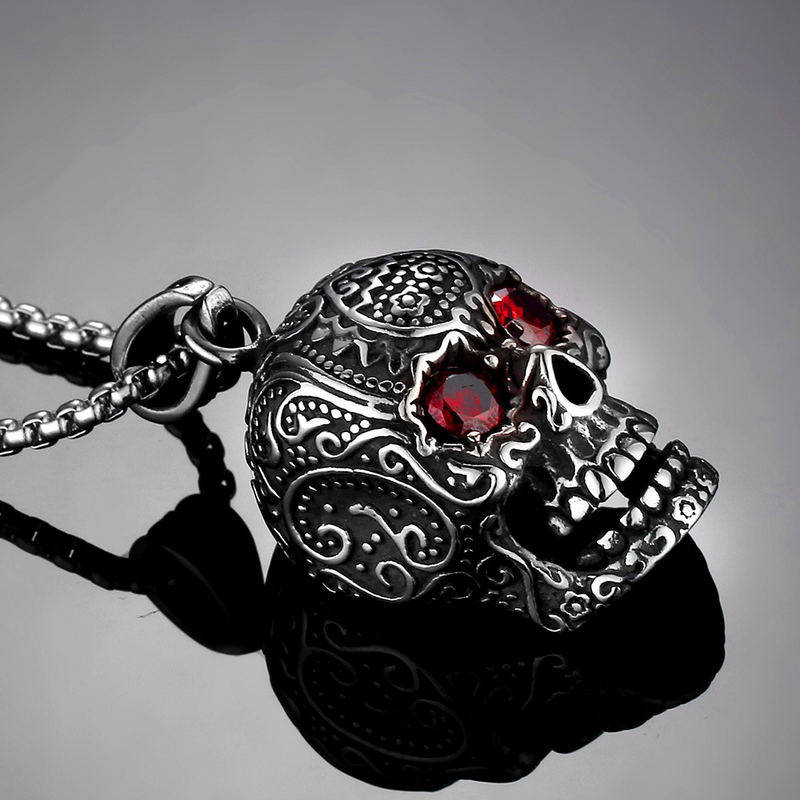 Men's Stainless Steel Cubic Zircnia Eyes Engraved Skull Pendant Necklace