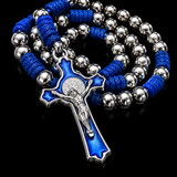 t. Benedict Blue Enamel Rosary with Crucifix – Silver-Tone Beads & Braided Cord