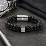 Dual Layer Braided Leather Cross Stainless Steel Men's Bracelet