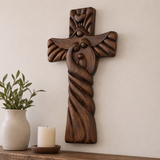 Holy Family wood icon decoration, Joseph, Mary, Baby Jesus, carved wooden cross, wall decoration