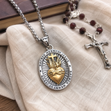 Two Tone Gold Silver Sacred Heart of Jesus Oval Stainless Steel Necklace