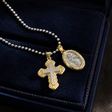 Two Charms Necklace, Iced Cross & Miraculous Medal Pendant, 316L Stainless Steel Religious Ball Chain Jewelry