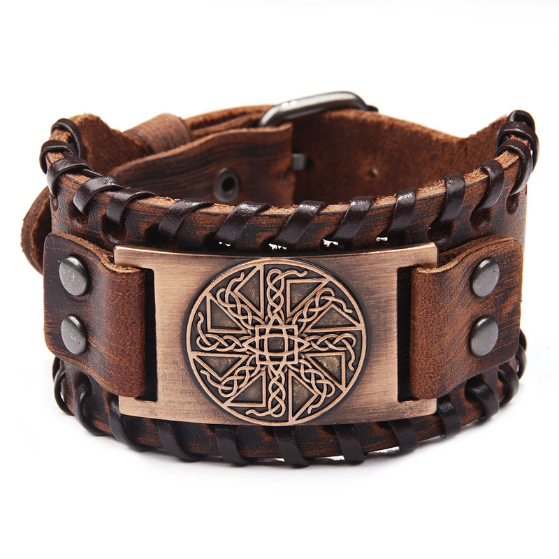 Viking Bracelet Adjustable Bangle - Mens Leather Bracelet Handmade with Nordic Amulet - Celtic Pagan Jewelry of Talisman (Kolovrat Silver)