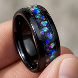 Black Tungsten Ring with Crushed Opal Inlay, 8mm Galaxy Star Dome Band, Meteorite Texture Wedding Band, Unique Promise Ring Gift for Men & Women