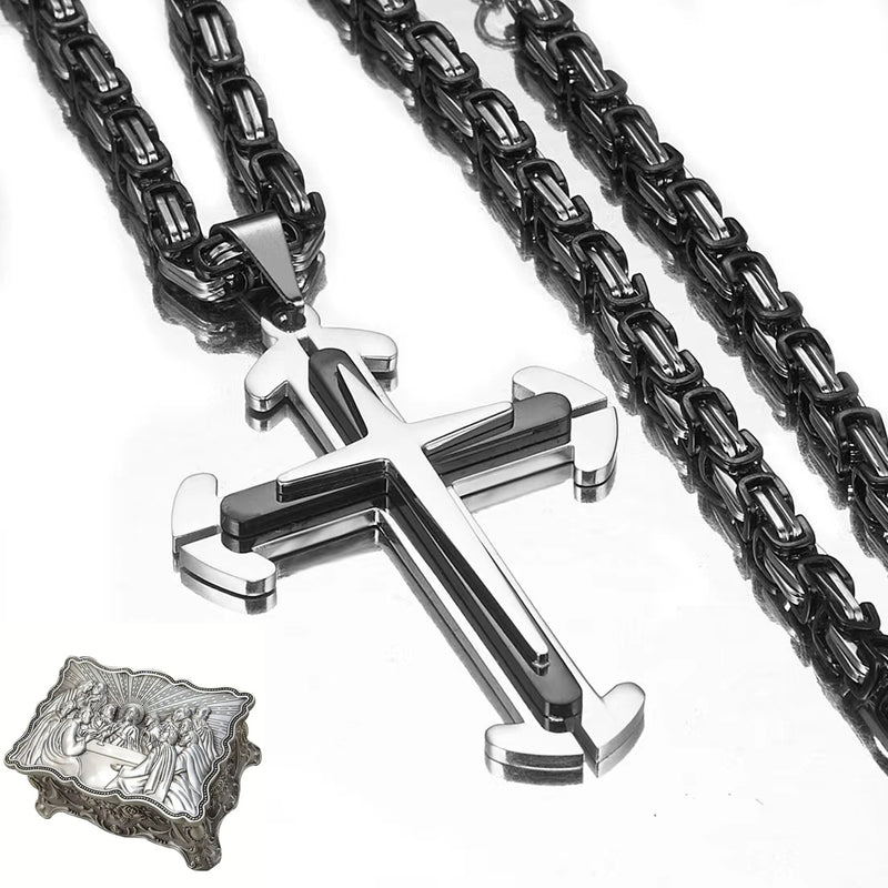 Stainless Steel Cross Byzantine Chain Pendant Necklace
