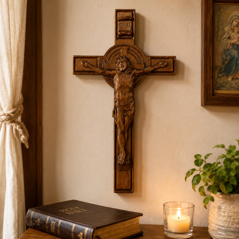 Wooden Crucifix displayed in a Christian prayer space