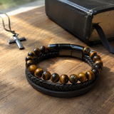 Triple Strand Natural Tiger Eye & Lava Rock Braided Leather Men’s Bracelet