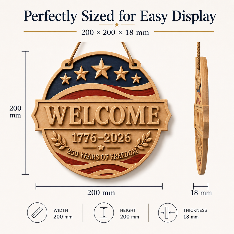 Size chart showing 200 by 200 by 18 mm beech wood patriotic welcome door sign