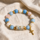 Chalcedony Cross Beaded Bracelet, Vintage Religious Printed Tube Bead Faith Jewelry for Women