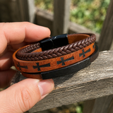 Multi‑Layer Braided Cross Printed Men Leather Bracelet, Vintage PU Leather Magnetic Clasp Religious Wrist Jewelry