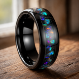 Black Tungsten Ring with Crushed Opal Inlay, 8mm Galaxy Star Dome Band, Meteorite Texture Wedding Band, Unique Promise Ring Gift for Men & Women