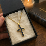 Two-Tone Bevel Edge Carbon Fiber Textured Inlaid Tiny Cross Stainless Steel Necklace