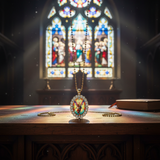 Church altar with stained glass light
