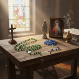 Church prayer table with religious icons