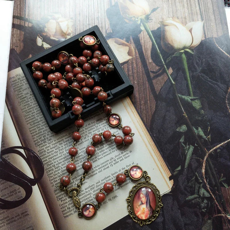Natural Sesame Stone Beads Vintage Alloy Mary Prayer Beads - BGCOPPER