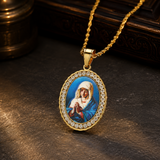 Iced Oval Praying Virgin Mary Portrait Pendant Necklace, 316L Stainless Steel Gold Plated Our Lady Medal Necklace With Rope Chain Religious Jewelry